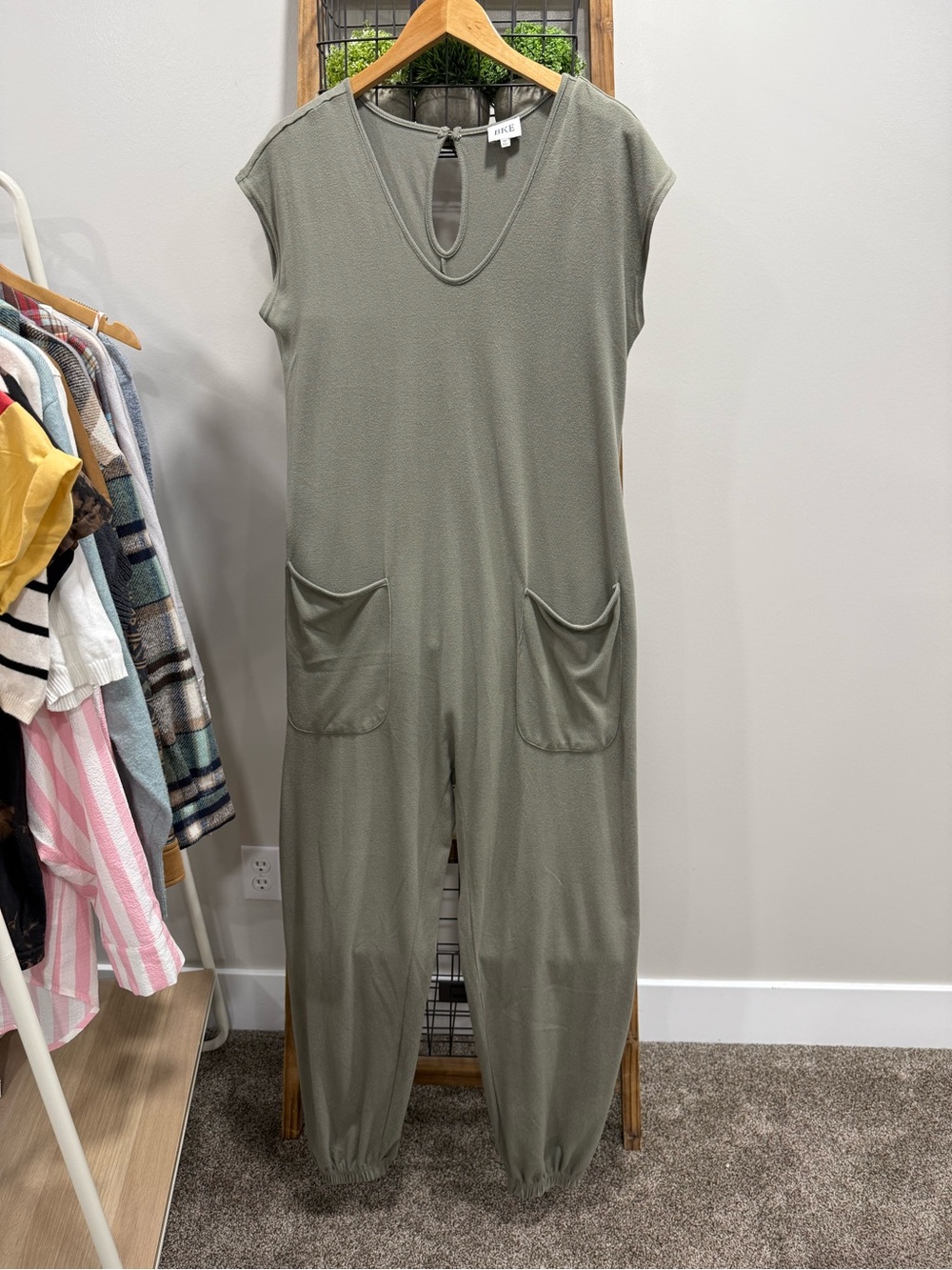 BKE Relaxed Sage Green Jumpsuit with Pockets and Keyhole Back Closure